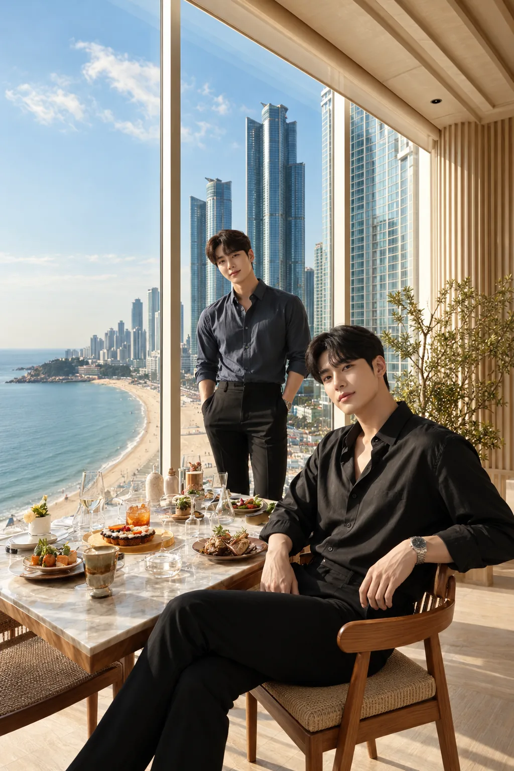 통창 · 대리석 테이블 · 해운대 해수욕장